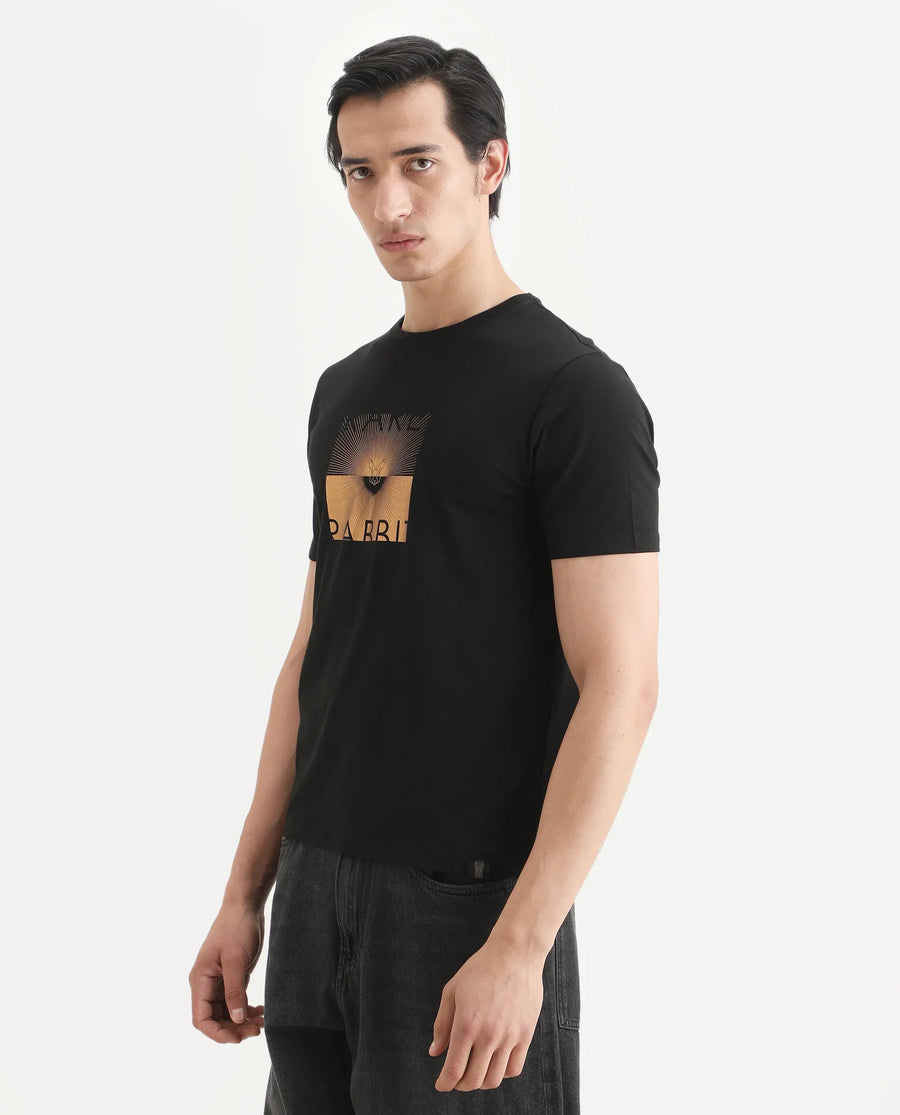 Rare Rabbit Men's Lant Black Cotton Blend Fabric Half Sleeve Crew Neck Regular Fit Graphic Print T-Shirt