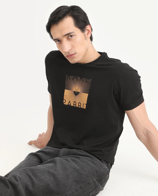 Rare Rabbit Men's Lant Black Cotton Blend Fabric Half Sleeve Crew Neck Regular Fit Graphic Print T-Shirt