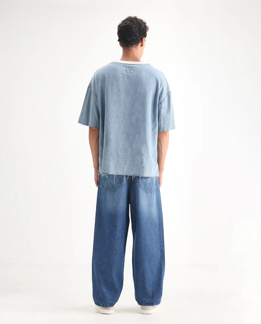 Rare Rabbit Men's Lar Blue Cotton Plain Baggy Fit Jeans