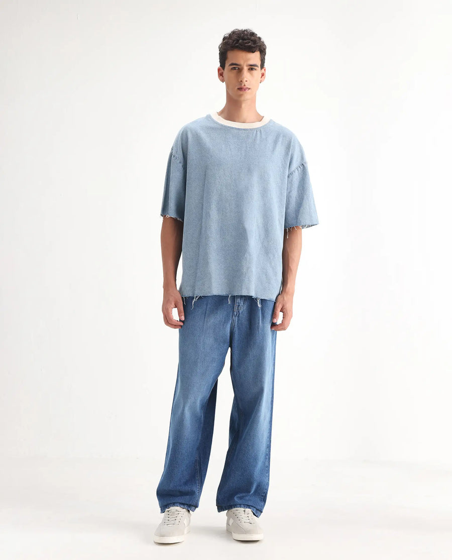 Rare Rabbit Men's Lar Blue Cotton Plain Baggy Fit Jeans