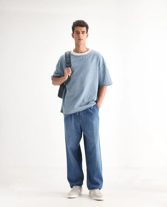Rare Rabbit Men's Lar Blue Cotton Plain Baggy Fit Jeans