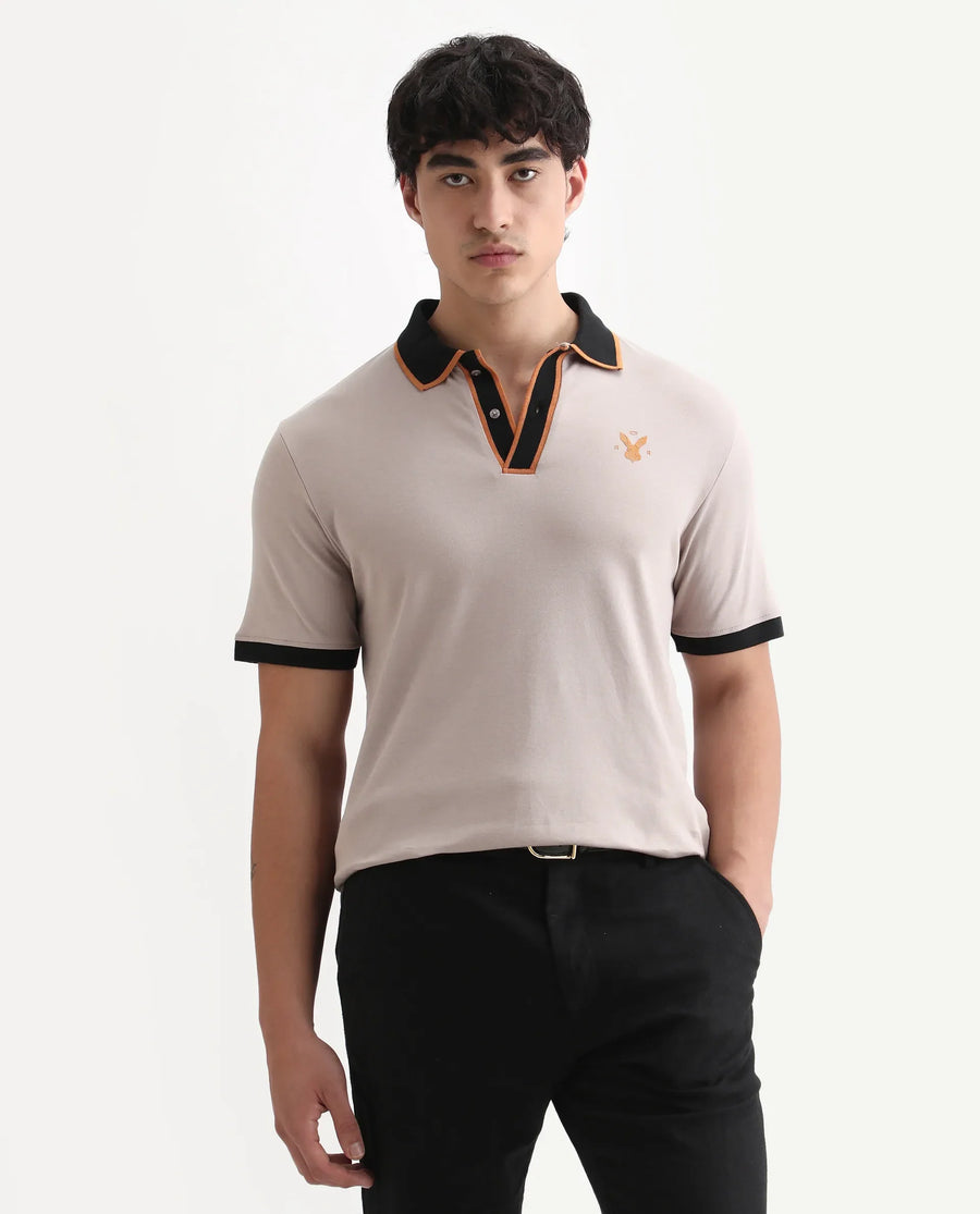 Rare Rabbit Men's Lark Dusky Beige Cotton Plain Regular Fit Half Sleeve Polo