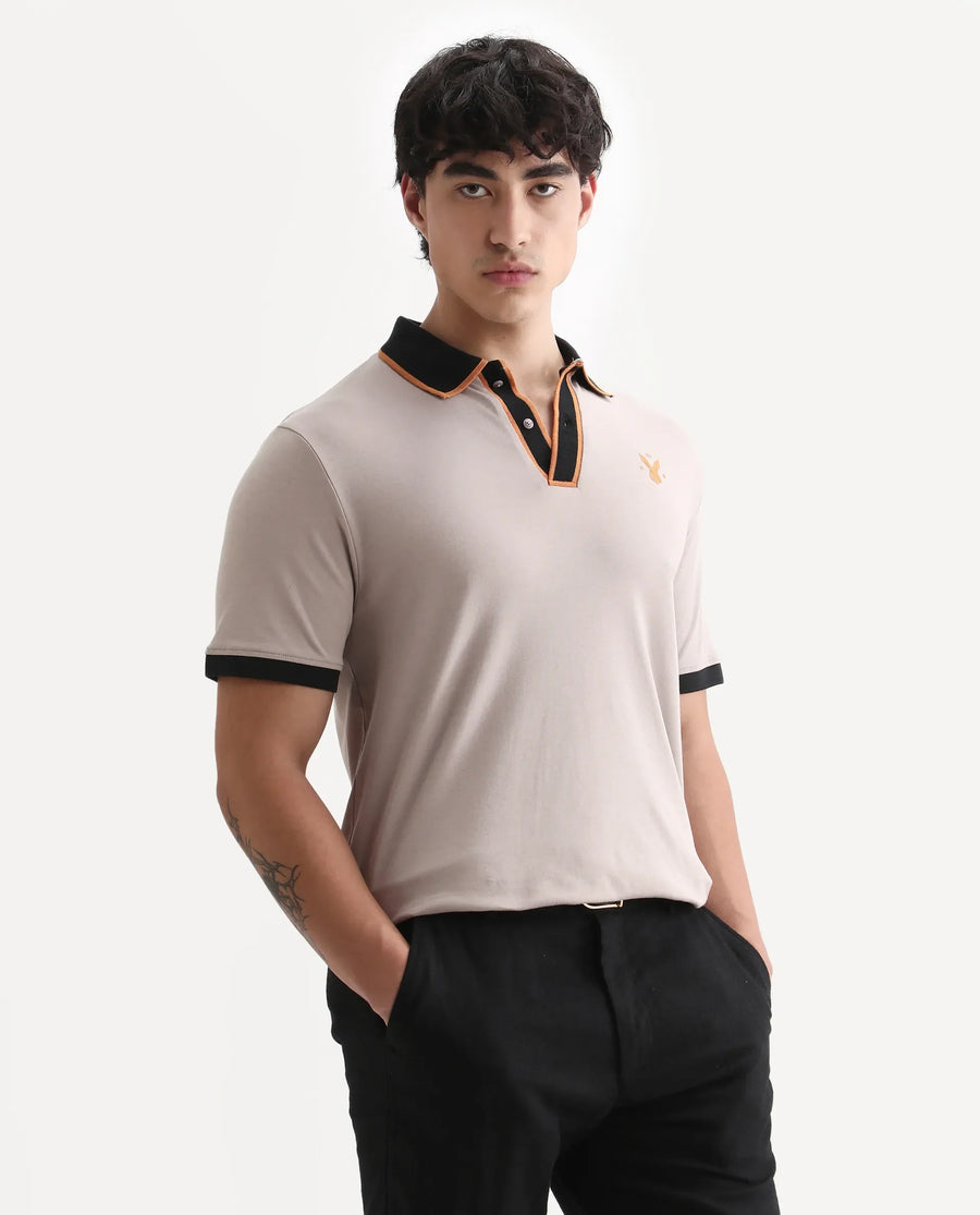 Rare Rabbit Men's Lark Dusky Beige Cotton Plain Regular Fit Half Sleeve Polo