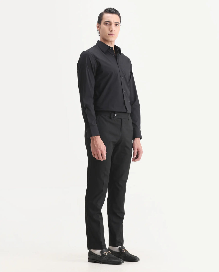 Rare Rabbit Men's Larkin Black Polyester Striped Print Tailored Fit Full Sleeve Lapel Neck Suits