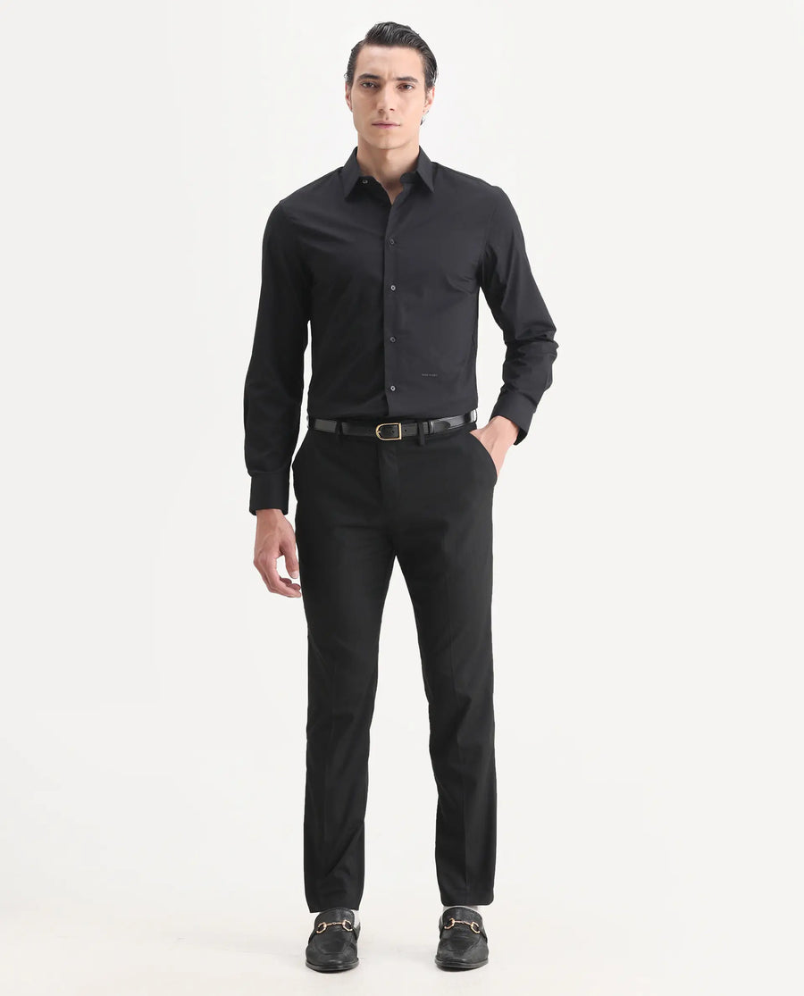 Rare Rabbit Men's Larkin Black Polyester Striped Print Tailored Fit Full Sleeve Lapel Neck Suits