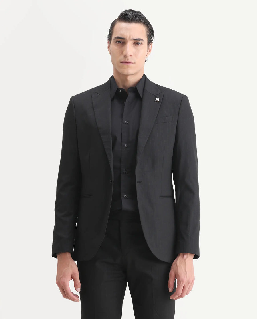 Rare Rabbit Men's Larkin Black Polyester Striped Print Tailored Fit Full Sleeve Lapel Neck Suits