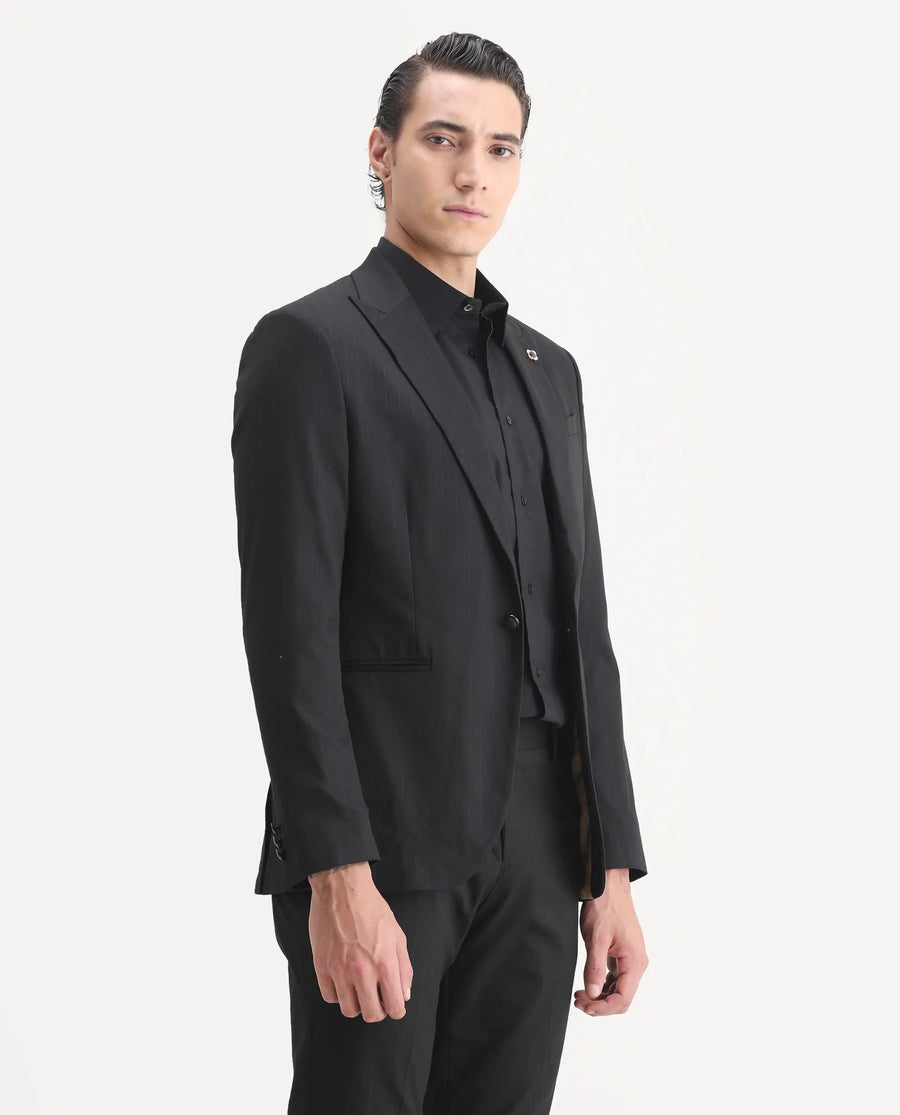 Rare Rabbit Men's Larkin Black Polyester Striped Print Tailored Fit Full Sleeve Lapel Neck Suits