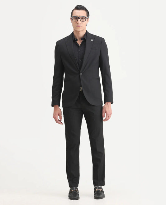 Rare Rabbit Men's Larkin Black Polyester Striped Print Tailored Fit Full Sleeve Lapel Neck Suits