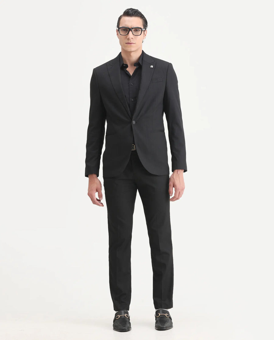 Rare Rabbit Men's Larkin Black Polyester Striped Print Tailored Fit Full Sleeve Lapel Neck Suits
