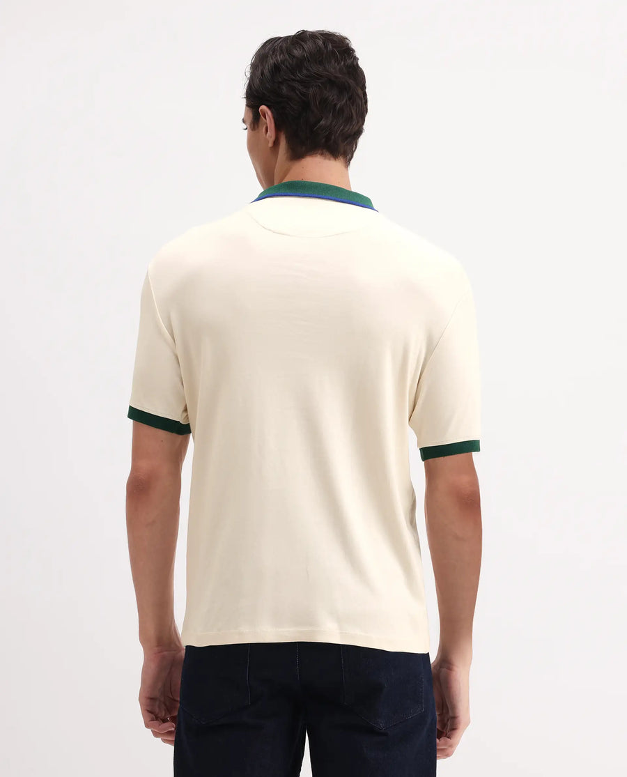 Rare Rabbit Men's Lark Off White Cotton Plain Regular Fit Half Sleeve Polo