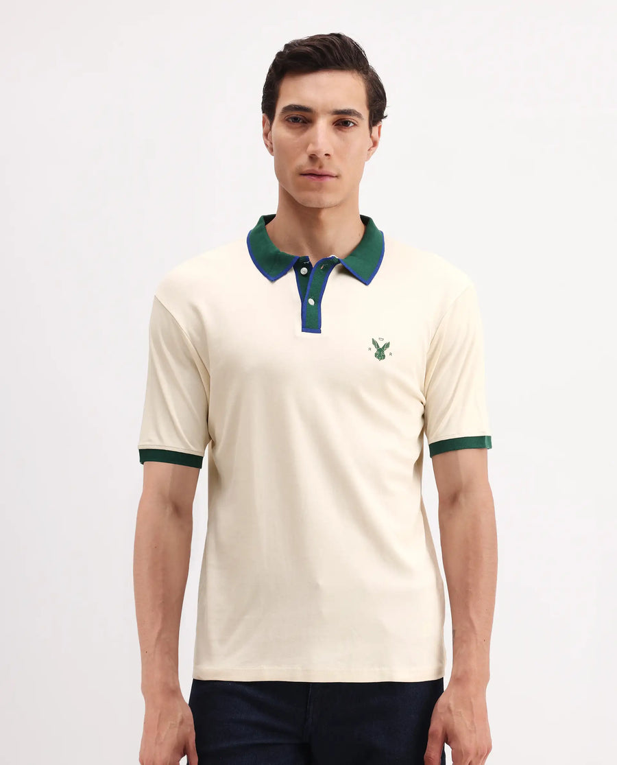 Rare Rabbit Men's Lark Off White Cotton Plain Regular Fit Half Sleeve Polo