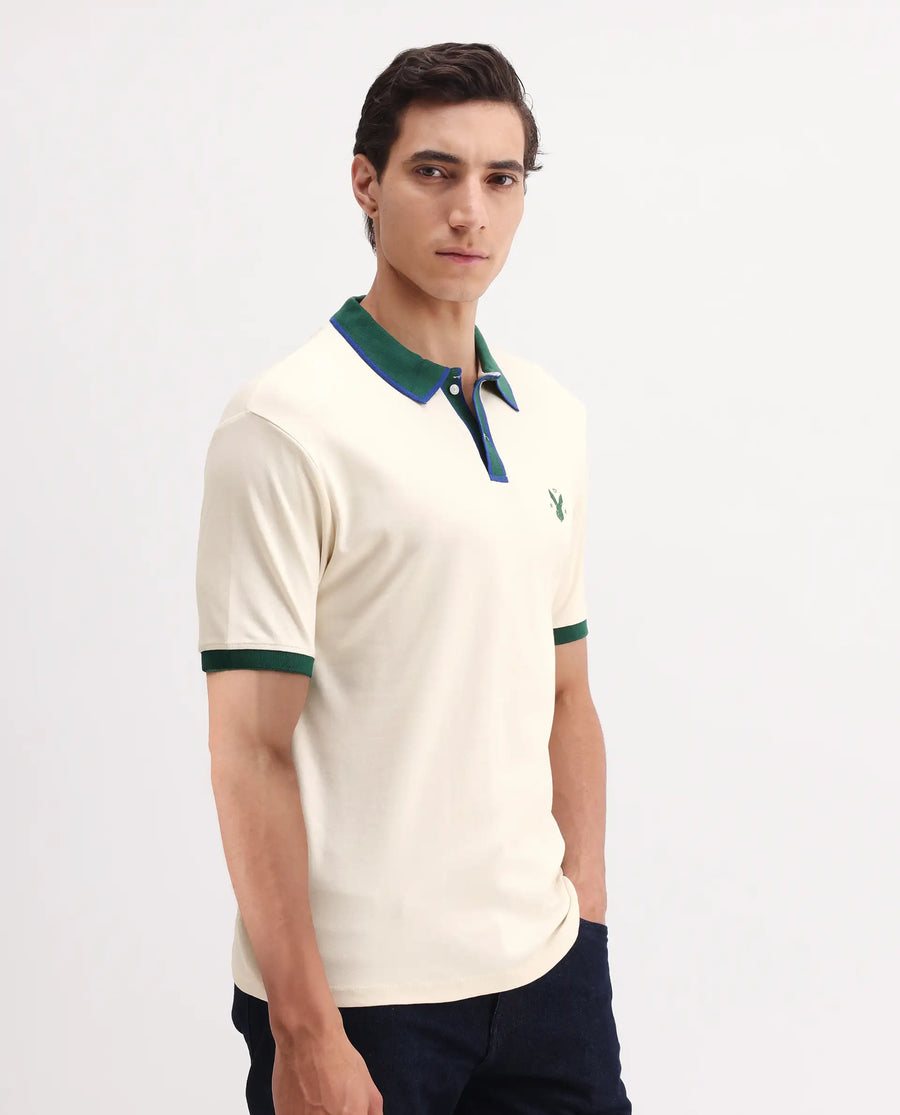 Rare Rabbit Men's Lark Off White Cotton Plain Regular Fit Half Sleeve Polo