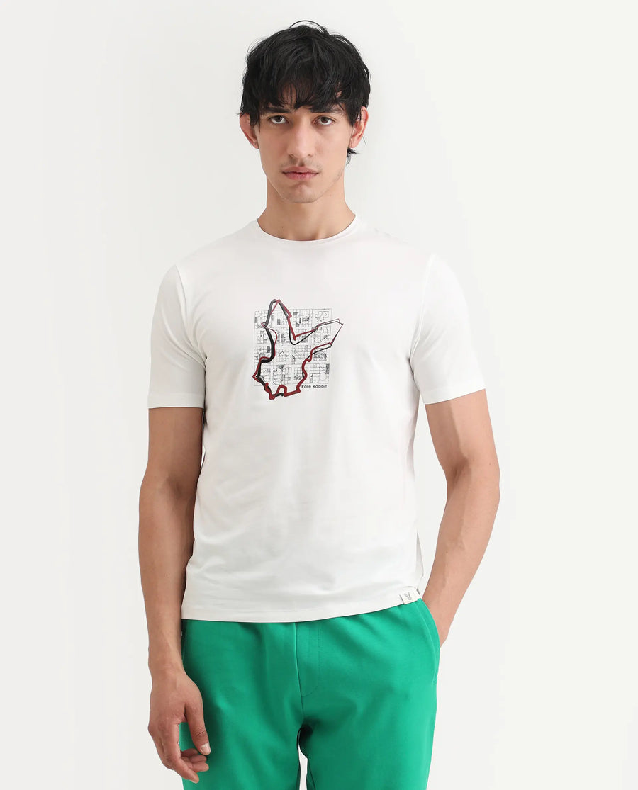 Rare Rabbit Men's Larri Off White Cotton Blend Fabric Half Sleeve Crew Neck Regular Fit Graphic Print T-Shirt