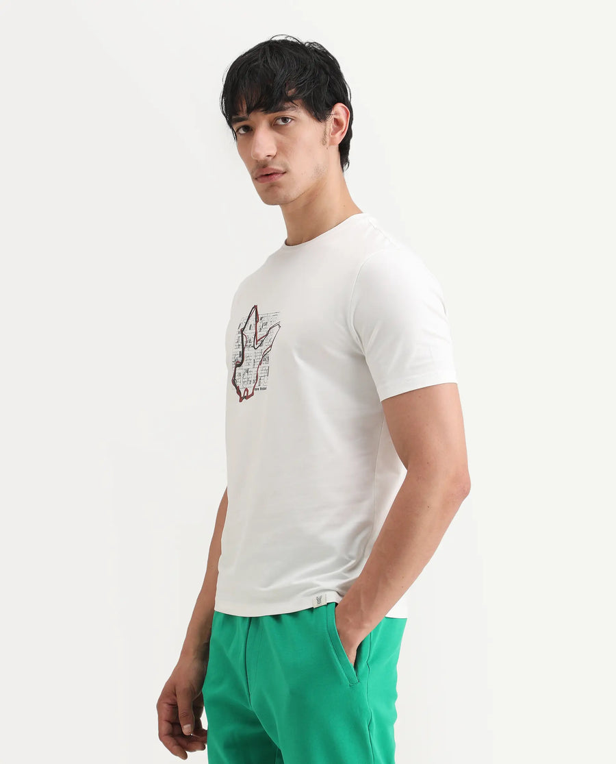 Rare Rabbit Men's Larri Off White Cotton Blend Fabric Half Sleeve Crew Neck Regular Fit Graphic Print T-Shirt