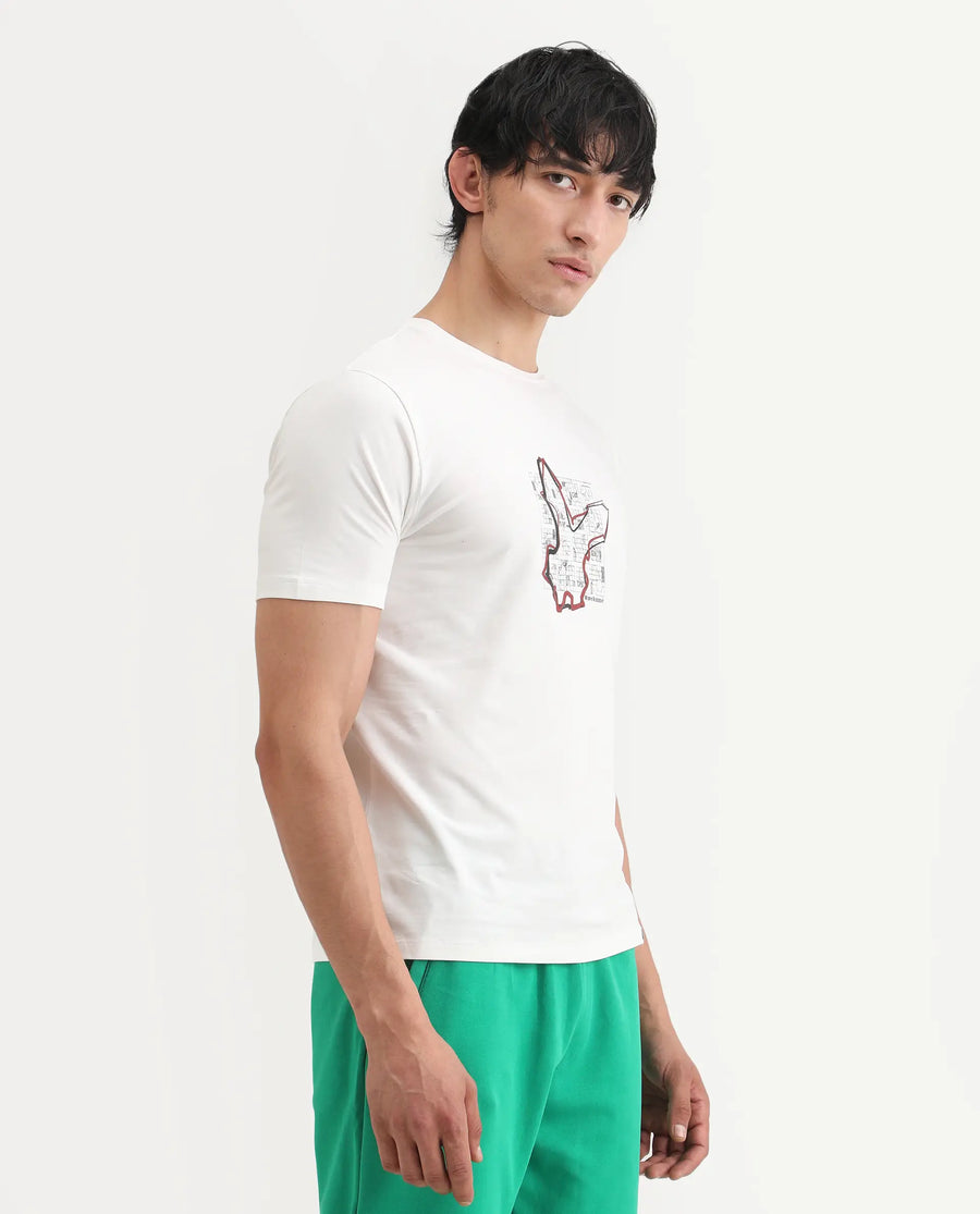 Rare Rabbit Men's Larri Off White Cotton Blend Fabric Half Sleeve Crew Neck Regular Fit Graphic Print T-Shirt