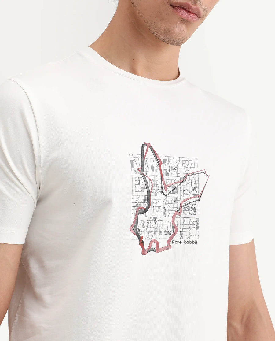Rare Rabbit Men's Larri Off White Cotton Blend Fabric Half Sleeve Crew Neck Regular Fit Graphic Print T-Shirt