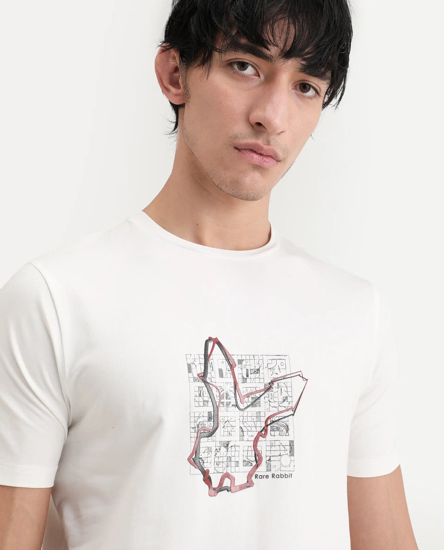 Rare Rabbit Men's Larri Off White Cotton Blend Fabric Half Sleeve Crew Neck Regular Fit Graphic Print T-Shirt