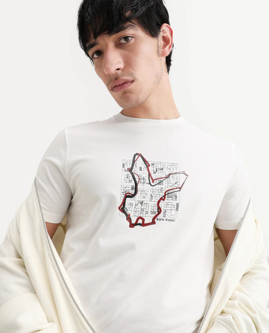 Rare Rabbit Men's Larri Off White Cotton Blend Fabric Half Sleeve Crew Neck Regular Fit Graphic Print T-Shirt