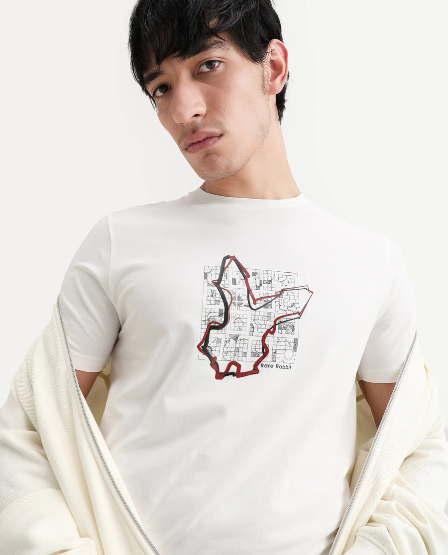 Rare Rabbit Men's Larri Off White Cotton Blend Fabric Half Sleeve Crew Neck Regular Fit Graphic Print T-Shirt