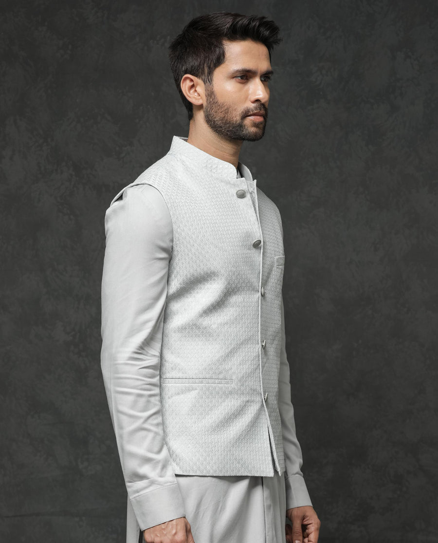 Rare Rabbit Men's Guild Festive Lasmos B1 Light Grey Viscose Embroidered Regular Fit Sleeveless Mandarin Collar Bandhgala Rare Rabbit Men's Lasmos-B1 Beige Viscose Embroidered Regular Fit Sleeveless Mandarin Collar Bandhgala Nehru Jacket