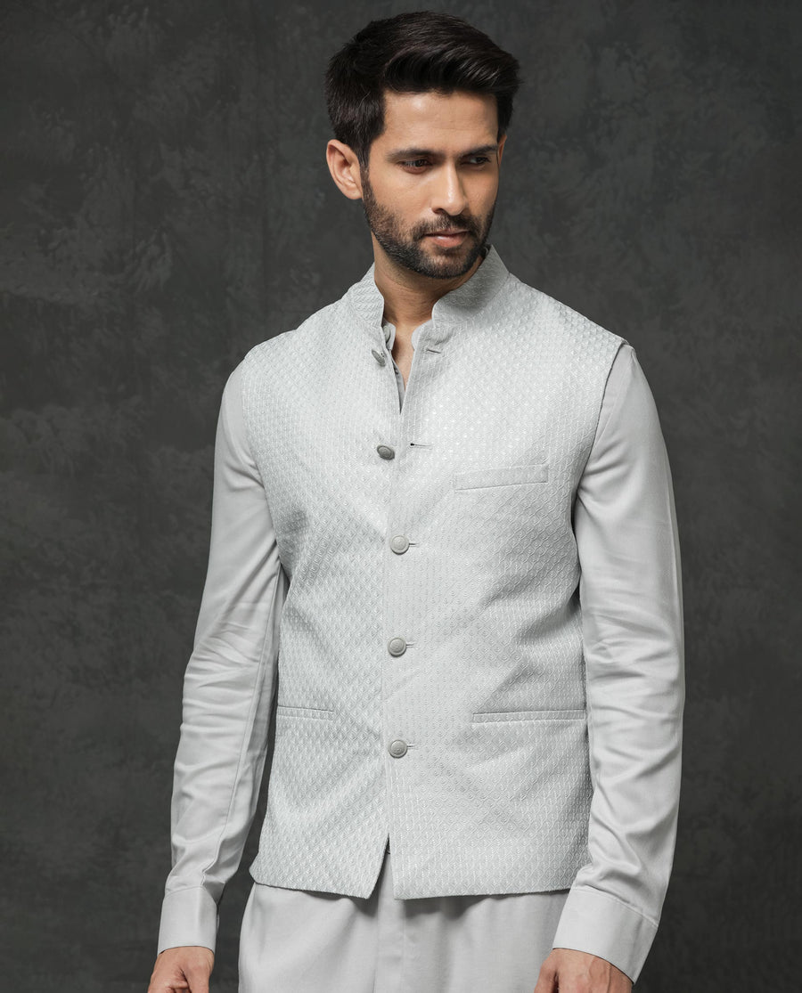 Rare Rabbit Men's Guild Festive Lasmos B1 Light Grey Viscose Embroidered Regular Fit Sleeveless Mandarin Collar Bandhgala Rare Rabbit Men's Lasmos-B1 Beige Viscose Embroidered Regular Fit Sleeveless Mandarin Collar Bandhgala Nehru Jacket