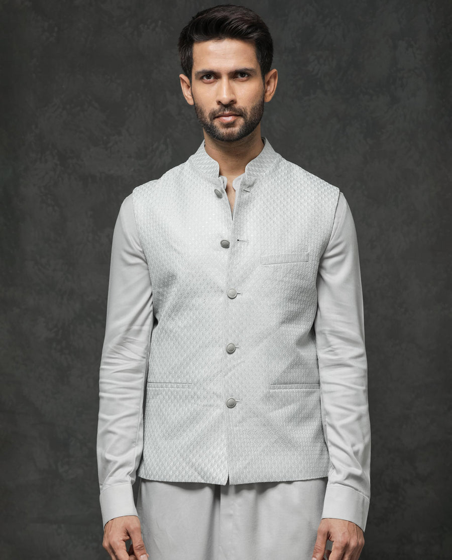 Rare Rabbit Men's Guild Festive Lasmos B1 Light Grey Viscose Embroidered Regular Fit Sleeveless Mandarin Collar Bandhgala Rare Rabbit Men's Lasmos-B1 Beige Viscose Embroidered Regular Fit Sleeveless Mandarin Collar Bandhgala Nehru Jacket