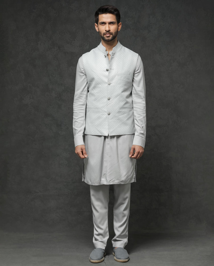 Rare Rabbit Men's Guild Festive Lasmos B1 Light Grey Viscose Embroidered Regular Fit Sleeveless Mandarin Collar Bandhgala Rare Rabbit Men's Lasmos-B1 Beige Viscose Embroidered Regular Fit Sleeveless Mandarin Collar Bandhgala Nehru Jacket