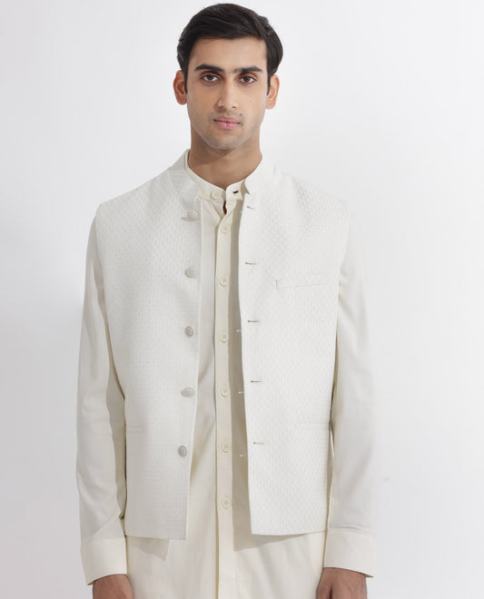 Rare Rabbit Men's Lasmosb Off White Embroidered Tailored Fit Sleeveless Mandarin Collar Bandhgala Rare Rabbit Men's Lasmos-B1 Beige Viscose Embroidered Regular Fit Sleeveless Mandarin Collar Bandhgala Nehru Jacket