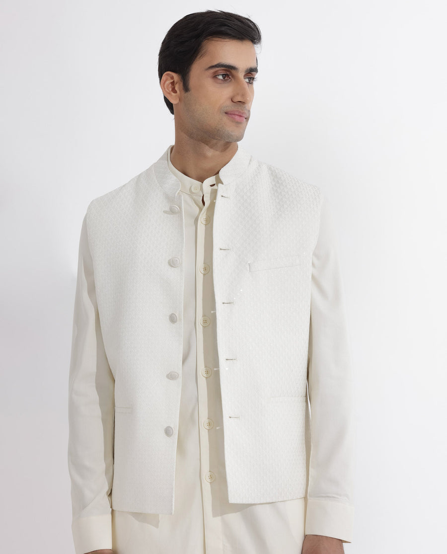 Rare Rabbit Men's Lasmosb Off White Embroidered Tailored Fit Sleeveless Mandarin Collar Bandhgala Rare Rabbit Men's Lasmos-B1 Beige Viscose Embroidered Regular Fit Sleeveless Mandarin Collar Bandhgala Nehru Jacket