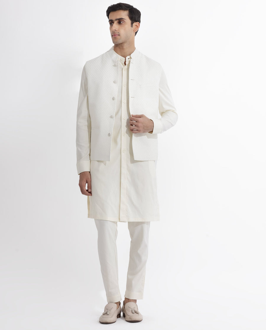 Rare Rabbit Men's Lasmosb Off White Embroidered Tailored Fit Sleeveless Mandarin Collar Bandhgala Rare Rabbit Men's Lasmos-B1 Beige Viscose Embroidered Regular Fit Sleeveless Mandarin Collar Bandhgala Nehru Jacket