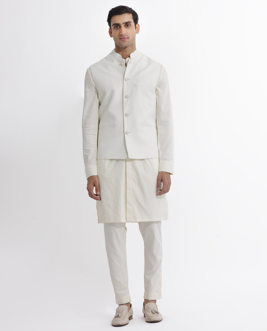 Rare Rabbit Men's Lasmosb Off White Embroidered Tailored Fit Sleeveless Mandarin Collar Bandhgala Rare Rabbit Men's Lasmos-B1 Beige Viscose Embroidered Regular Fit Sleeveless Mandarin Collar Bandhgala Nehru Jacket