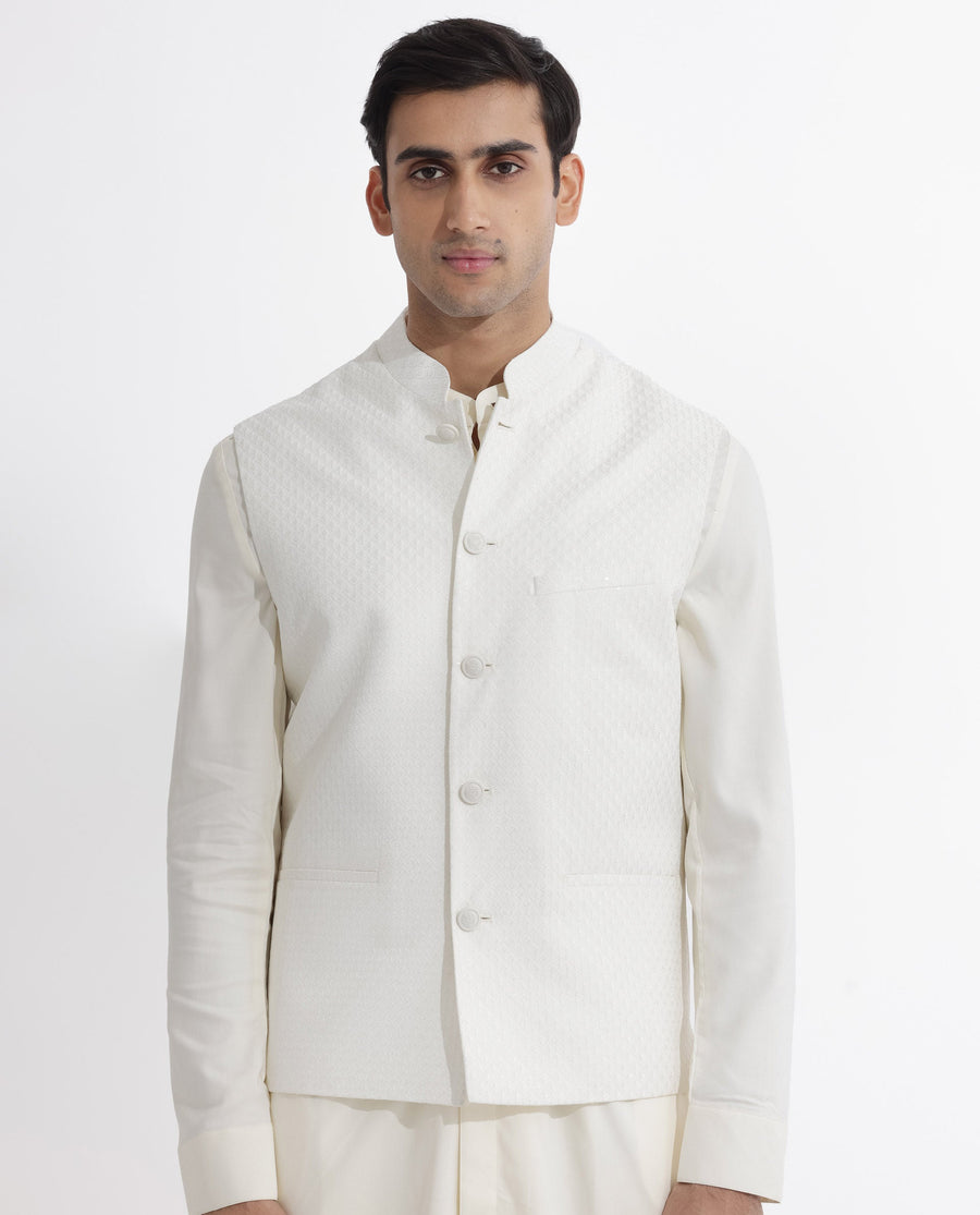 Rare Rabbit Men's Lasmosb Off White Embroidered Tailored Fit Sleeveless Mandarin Collar Bandhgala Rare Rabbit Men's Lasmos-B1 Beige Viscose Embroidered Regular Fit Sleeveless Mandarin Collar Bandhgala Nehru Jacket