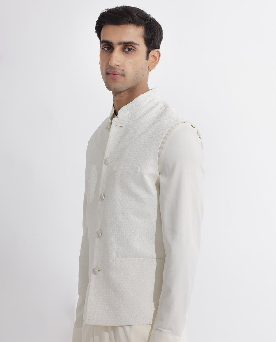 Rare Rabbit Men's Lasmosb Off White Embroidered Tailored Fit Sleeveless Mandarin Collar Bandhgala Rare Rabbit Men's Lasmos-B1 Beige Viscose Embroidered Regular Fit Sleeveless Mandarin Collar Bandhgala Nehru Jacket