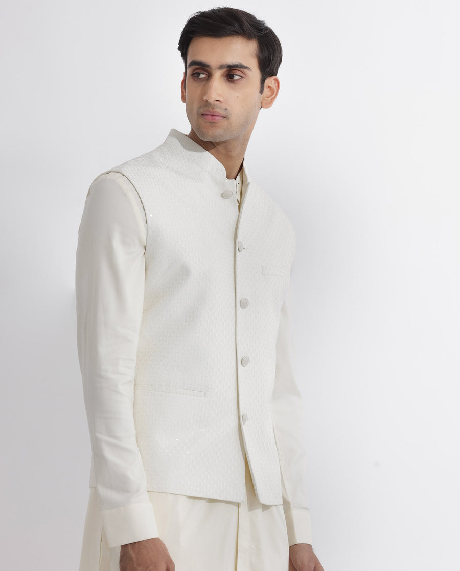Rare Rabbit Men's Lasmosb Off White Embroidered Tailored Fit Sleeveless Mandarin Collar Bandhgala Rare Rabbit Men's Lasmos-B1 Beige Viscose Embroidered Regular Fit Sleeveless Mandarin Collar Bandhgala Nehru Jacket