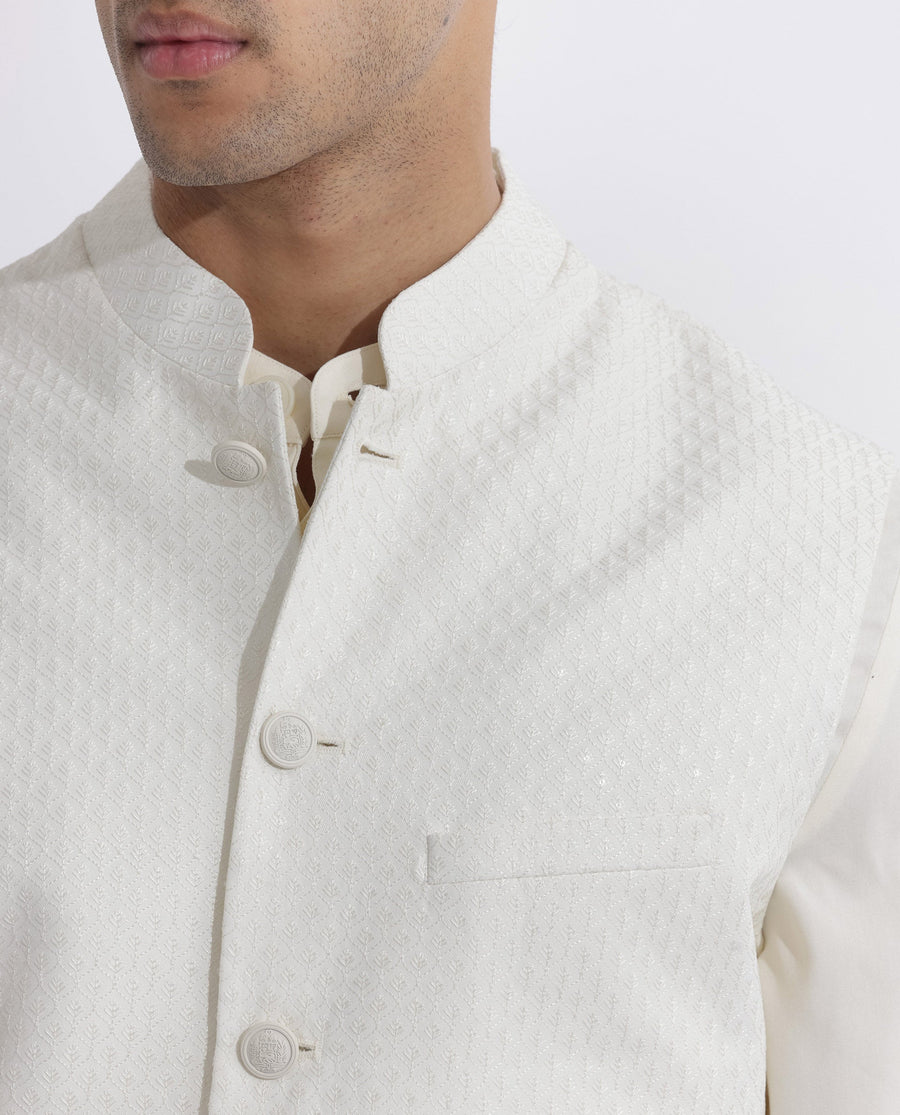 Rare Rabbit Men's Lasmosb Off White Embroidered Tailored Fit Sleeveless Mandarin Collar Bandhgala Rare Rabbit Men's Lasmos-B1 Beige Viscose Embroidered Regular Fit Sleeveless Mandarin Collar Bandhgala Nehru Jacket