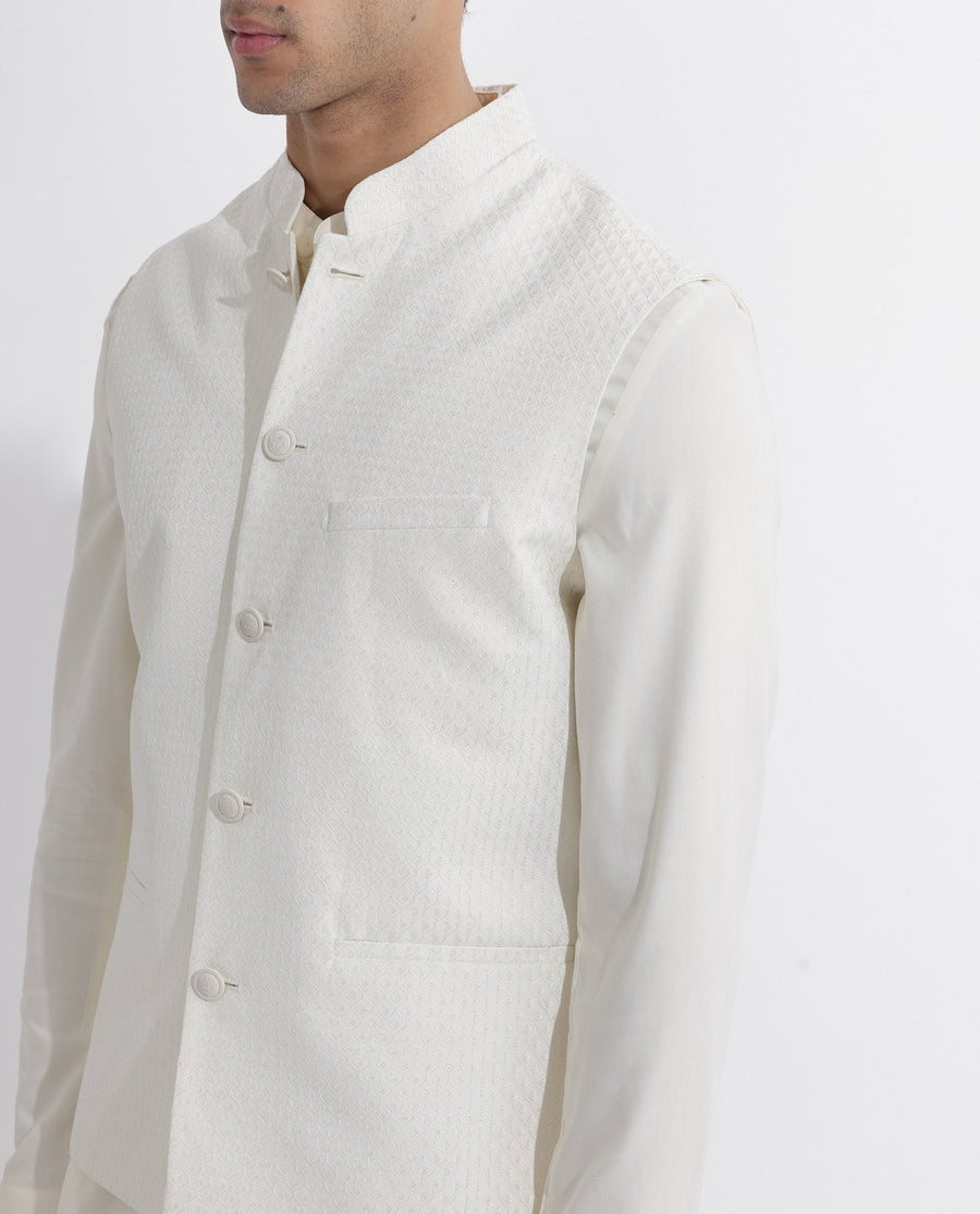 Rare Rabbit Men's Lasmosb Off White Embroidered Tailored Fit Sleeveless Mandarin Collar Bandhgala Rare Rabbit Men's Lasmos-B1 Beige Viscose Embroidered Regular Fit Sleeveless Mandarin Collar Bandhgala Nehru Jacket