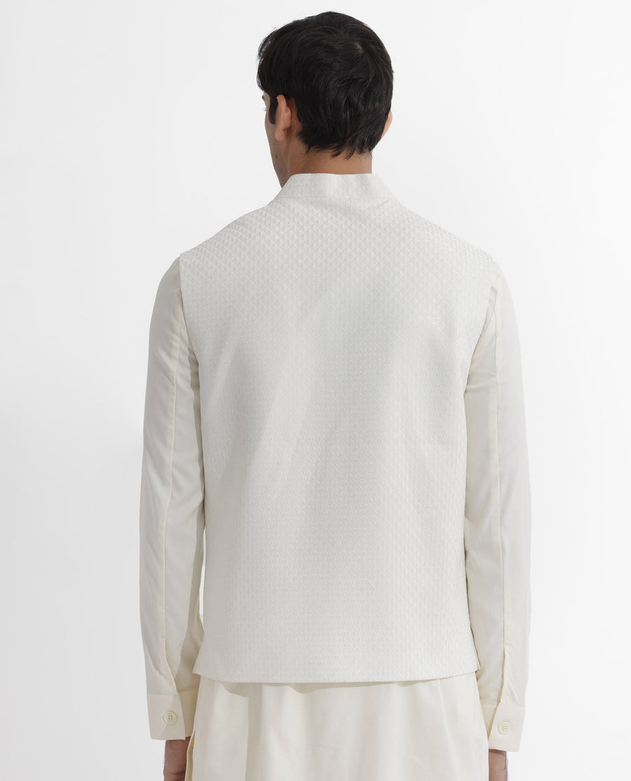 Rare Rabbit Men's Lasmosb Off White Embroidered Tailored Fit Sleeveless Mandarin Collar Bandhgala Rare Rabbit Men's Lasmos-B1 Beige Viscose Embroidered Regular Fit Sleeveless Mandarin Collar Bandhgala Nehru Jacket