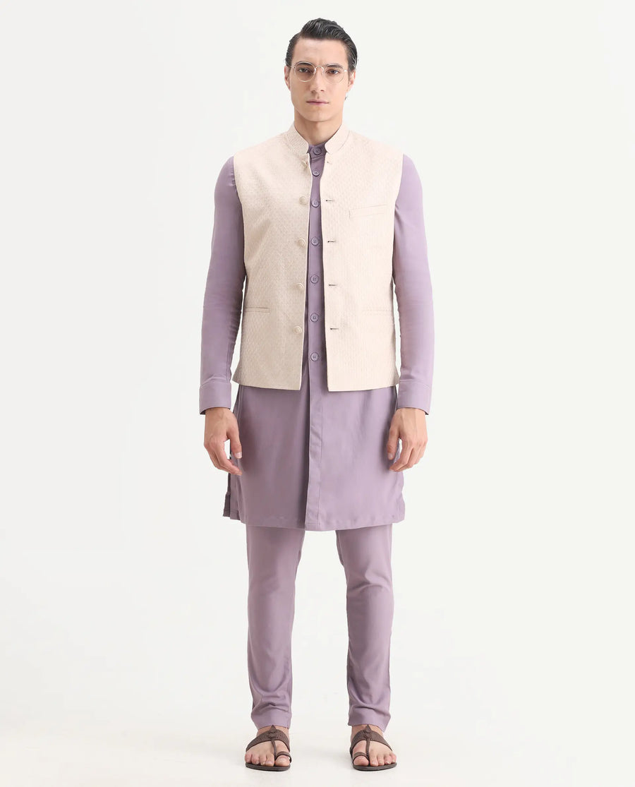 Rare Rabbit Men's Lasmos-B1 Beige Viscose Embroidered Regular Fit Sleeveless Mandarin Collar Bandhgala Nehru Jacket