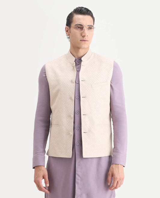 Rare Rabbit Men's Lasmos-B1 Beige Viscose Embroidered Regular Fit Sleeveless Mandarin Collar Bandhgala Nehru Jacket