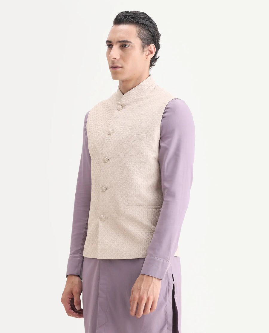 Rare Rabbit Men's Lasmos-B1 Beige Viscose Embroidered Regular Fit Sleeveless Mandarin Collar Bandhgala Nehru Jacket