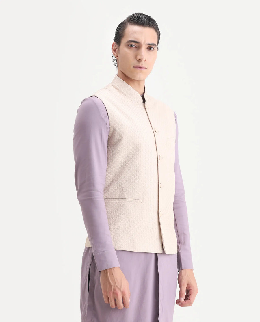 Rare Rabbit Men's Lasmos-B1 Beige Viscose Embroidered Regular Fit Sleeveless Mandarin Collar Bandhgala Nehru Jacket