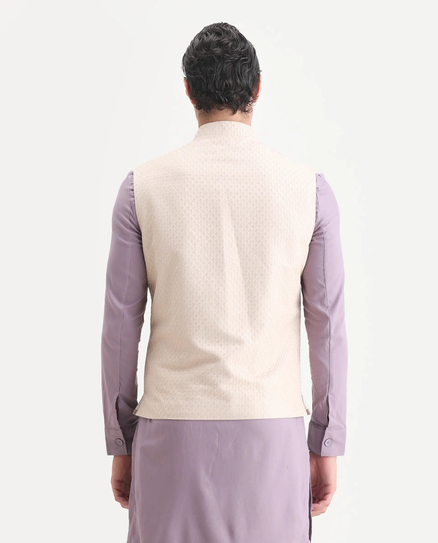 Rare Rabbit Men's Lasmos-B1 Beige Viscose Embroidered Regular Fit Sleeveless Mandarin Collar Bandhgala Nehru Jacket