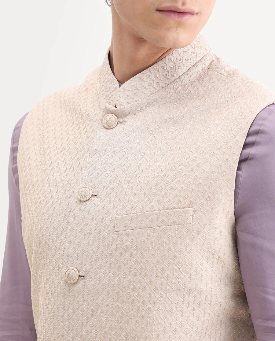 Rare Rabbit Men's Lasmos-B1 Beige Viscose Embroidered Regular Fit Sleeveless Mandarin Collar Bandhgala Nehru Jacket