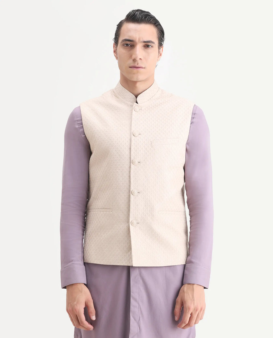 Rare Rabbit Men's Lasmos-B1 Beige Viscose Embroidered Regular Fit Sleeveless Mandarin Collar Bandhgala Nehru Jacket