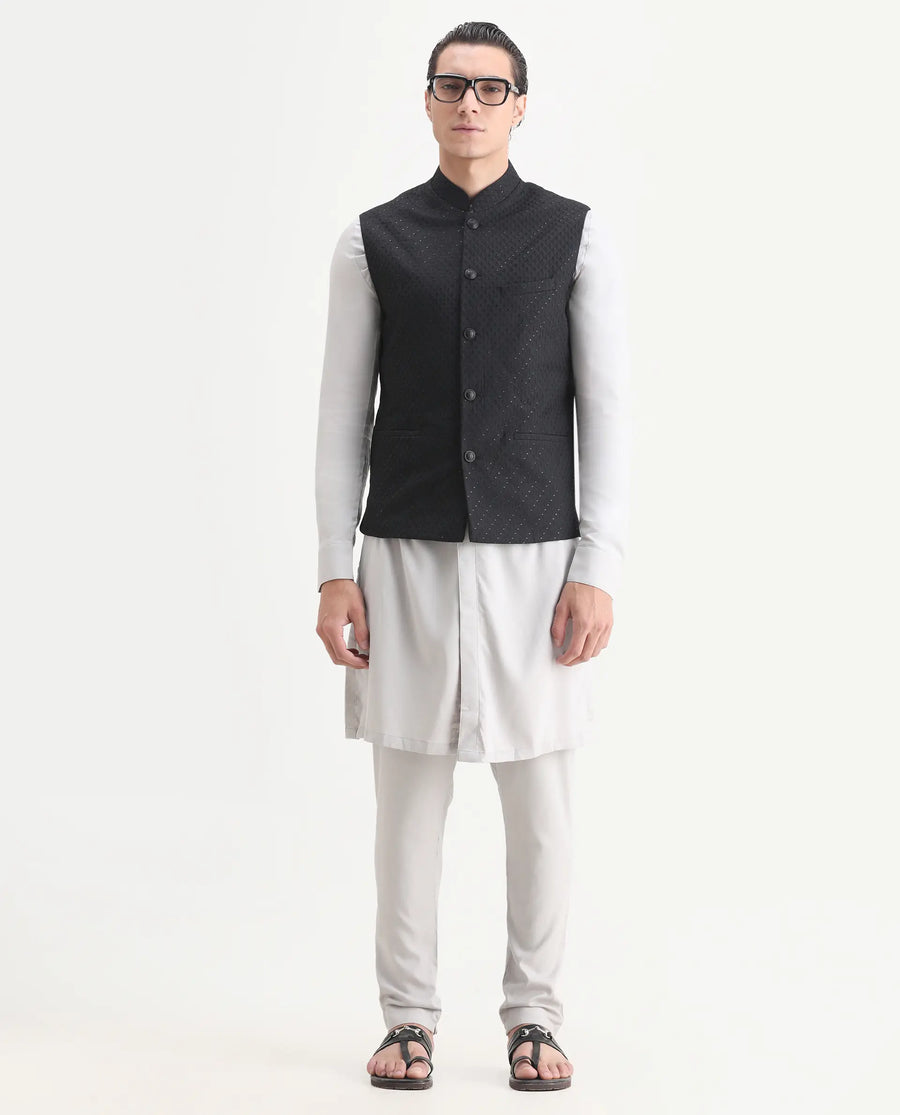 Rare Rabbit Men's Lasmos-B1 Black Viscose Embroidered Regular Fit Sleeveless Mandarin Collar Bandhgala Rare Rabbit Men's Lasmos-B1 Beige Viscose Embroidered Regular Fit Sleeveless Mandarin Collar Bandhgala Nehru Jacket