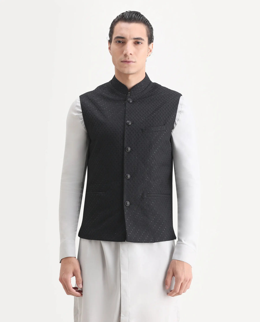 Rare Rabbit Men's Lasmos-B1 Black Viscose Embroidered Regular Fit Sleeveless Mandarin Collar Bandhgala Rare Rabbit Men's Lasmos-B1 Beige Viscose Embroidered Regular Fit Sleeveless Mandarin Collar Bandhgala Nehru Jacket