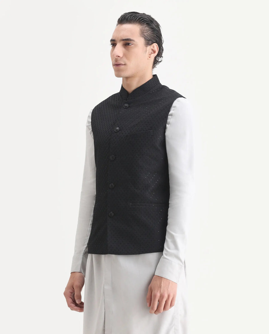 Rare Rabbit Men's Lasmos-B1 Black Viscose Embroidered Regular Fit Sleeveless Mandarin Collar Bandhgala Rare Rabbit Men's Lasmos-B1 Beige Viscose Embroidered Regular Fit Sleeveless Mandarin Collar Bandhgala Nehru Jacket