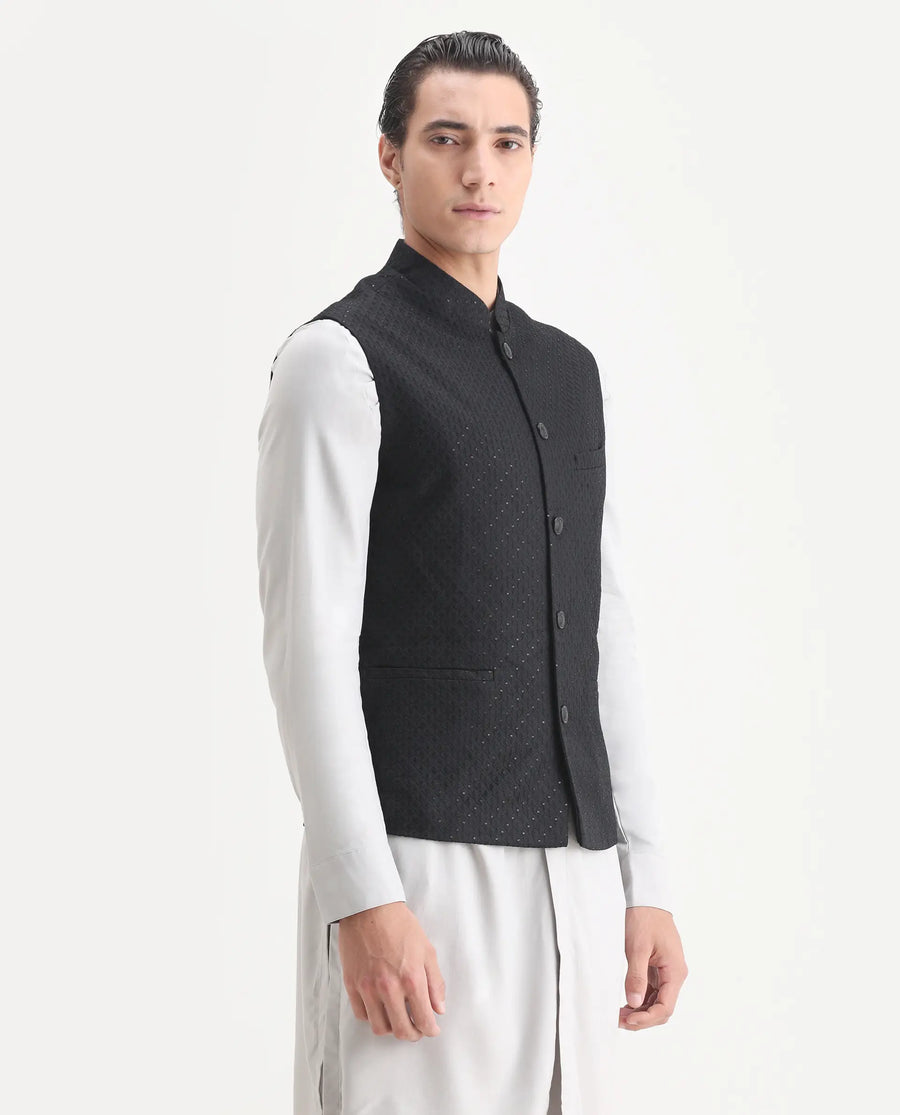 Rare Rabbit Men's Lasmos-B1 Black Viscose Embroidered Regular Fit Sleeveless Mandarin Collar Bandhgala Rare Rabbit Men's Lasmos-B1 Beige Viscose Embroidered Regular Fit Sleeveless Mandarin Collar Bandhgala Nehru Jacket