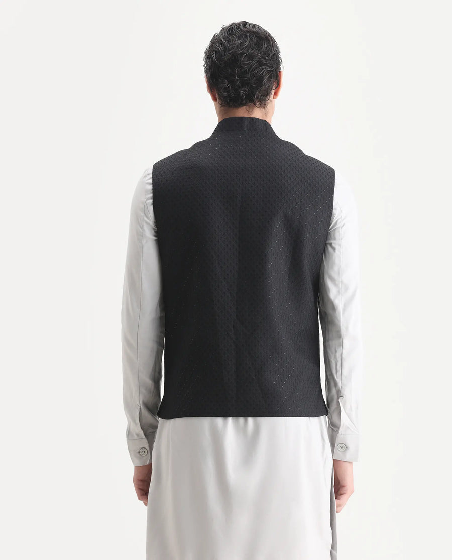 Rare Rabbit Men's Lasmos-B1 Black Viscose Embroidered Regular Fit Sleeveless Mandarin Collar Bandhgala Rare Rabbit Men's Lasmos-B1 Beige Viscose Embroidered Regular Fit Sleeveless Mandarin Collar Bandhgala Nehru Jacket