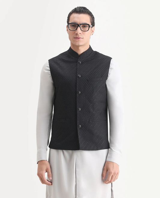 Rare Rabbit Men's Lasmos-B1 Black Viscose Embroidered Regular Fit Sleeveless Mandarin Collar Bandhgala Rare Rabbit Men's Lasmos-B1 Beige Viscose Embroidered Regular Fit Sleeveless Mandarin Collar Bandhgala Nehru Jacket